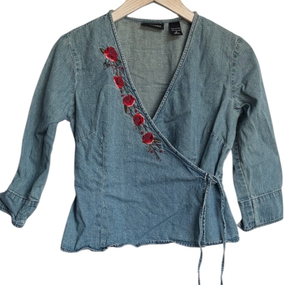 New York & Company Women’s Denim Wrap Blouse with Red Floral Embroidery, Small